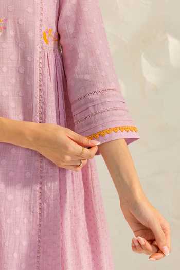 Buy_Dohr India_Purple Cotton, Jacquard, Silk V-neck Aizah Embroidered Kurta Set _Online_at_Aza_Fashions
