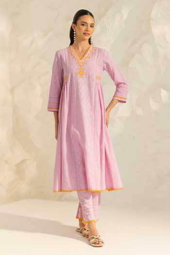 Shop_Dohr India_Purple Cotton, Jacquard, Silk V-neck Aizah Embroidered Kurta Set _Online_at_Aza_Fashions