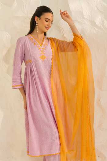 Shop_Dohr India_Purple Cotton, Jacquard, Silk V-neck Aizah Embroidered Kurta Set 