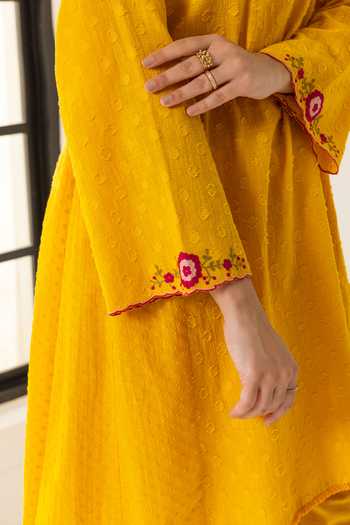 Dohr India_Orange Cotton, Jacquard, Silk, Viscose Azra Neckline Embroidered Kurta Set _Online_at_Aza_Fashions