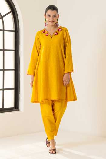 Shop_Dohr India_Orange Cotton, Jacquard, Silk, Viscose Azra Neckline Embroidered Kurta Set _Online_at_Aza_Fashions