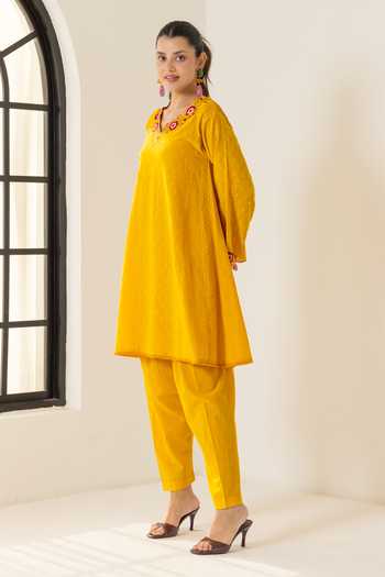 Dohr India_Orange Cotton, Jacquard, Silk, Viscose Azra Neckline Embroidered Kurta Set _at_Aza_Fashions