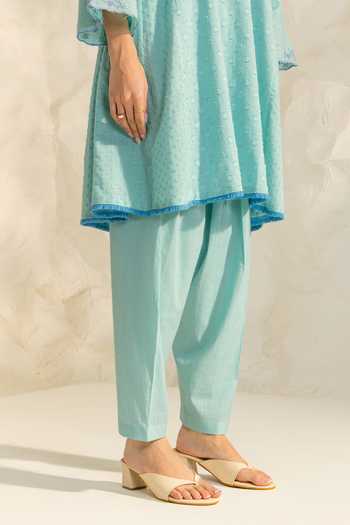 Dohr India_Blue Cotton, Jacquard, Silk, Viscose V-neck, Azra Neckline Embroidered Kurta Set _Online_at_Aza_Fashions