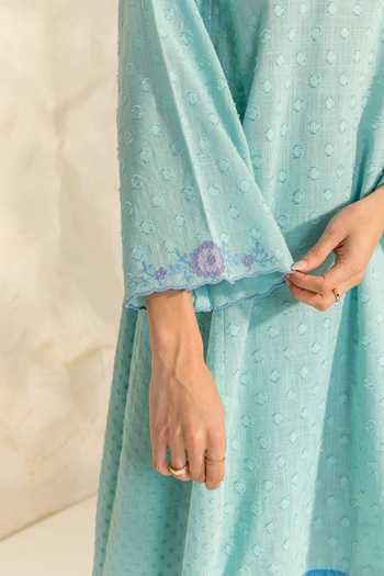 Buy_Dohr India_Blue Cotton, Jacquard, Silk, Viscose V-neck, Azra Neckline Embroidered Kurta Set _Online_at_Aza_Fashions