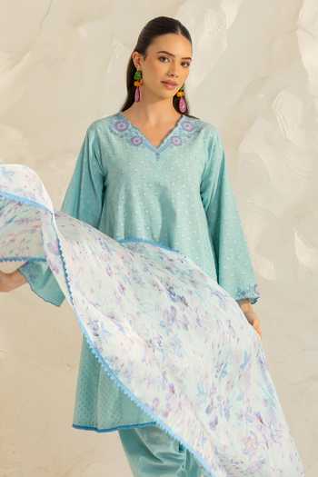 Shop_Dohr India_Blue Cotton, Jacquard, Silk, Viscose V-neck, Azra Neckline Embroidered Kurta Set _Online_at_Aza_Fashions