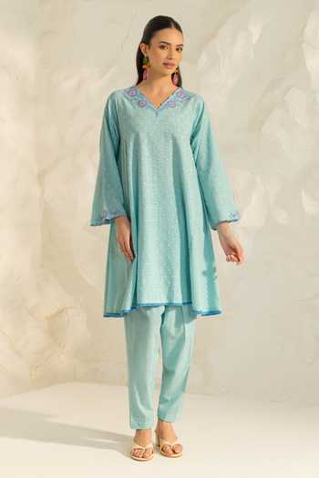 Buy_Dohr India_Blue Cotton, Jacquard, Silk, Viscose V-neck, Azra Neckline Embroidered Kurta Set 
