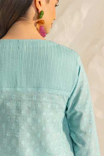 Shop_Dohr India_Blue Cotton, Jacquard, Silk, Viscose V-neck, Azra Neckline Embroidered Kurta Set 