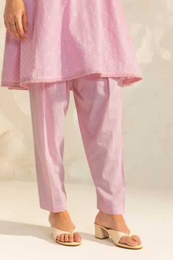 Dohr India_Purple Cotton, Jacquard, Silk, Viscose V-neck Azra Aari Embroidered Kurta Set _Online_at_Aza_Fashions