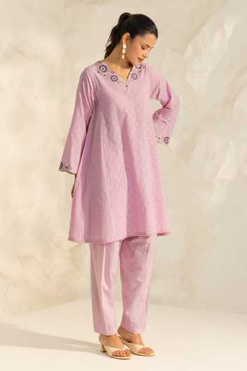 Buy_Dohr India_Purple Cotton, Jacquard, Silk, Viscose V-neck Azra Aari Embroidered Kurta Set 