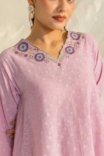 Shop_Dohr India_Purple Cotton, Jacquard, Silk, Viscose V-neck Azra Aari Embroidered Kurta Set 