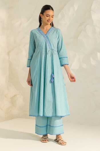 Dohr India_Blue Cotton, Silk, Viscose, Jacquard Elara Neckline Embroidered Angarkha Set _Online_at_Aza_Fashions