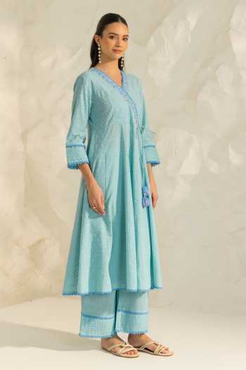 Buy_Dohr India_Blue Cotton, Silk, Viscose, Jacquard Elara Neckline Embroidered Angarkha Set _Online_at_Aza_Fashions