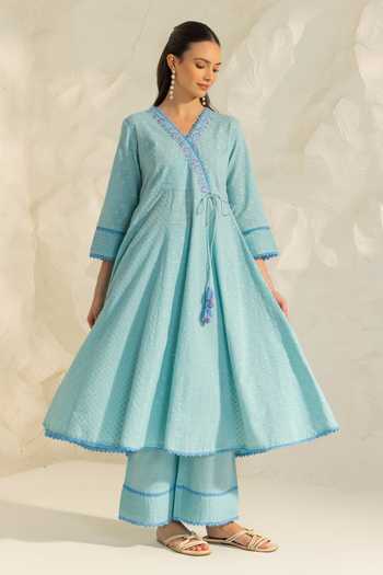 Shop_Dohr India_Blue Cotton, Silk, Viscose, Jacquard Elara Neckline Embroidered Angarkha Set _Online_at_Aza_Fashions