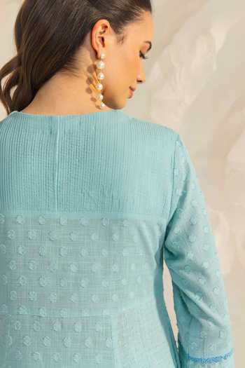 Dohr India_Blue Cotton, Silk, Viscose, Jacquard Elara Neckline Embroidered Angarkha Set _at_Aza_Fashions