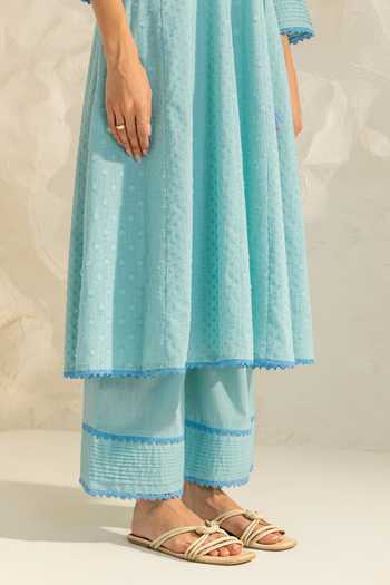 Buy_Dohr India_Blue Cotton, Silk, Viscose, Jacquard Elara Neckline Embroidered Angarkha Set 