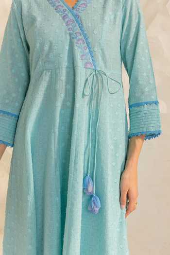 Shop_Dohr India_Blue Cotton, Silk, Viscose, Jacquard Elara Neckline Embroidered Angarkha Set 