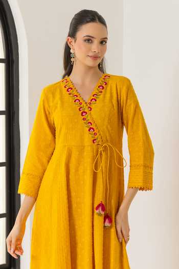 Dohr India_Orange Cotton, Silk, Viscose, Jacquard Elara Aari Embroidered Angarkha Set _Online_at_Aza_Fashions