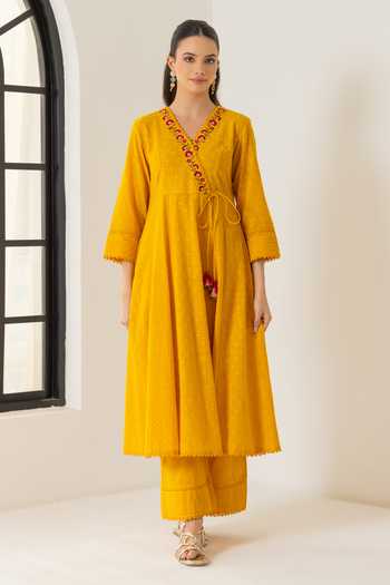 Shop_Dohr India_Orange Cotton, Silk, Viscose, Jacquard Elara Aari Embroidered Angarkha Set _Online_at_Aza_Fashions