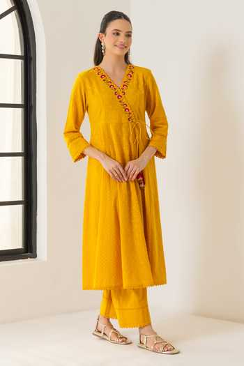 Dohr India_Orange Cotton, Silk, Viscose, Jacquard Elara Aari Embroidered Angarkha Set _at_Aza_Fashions