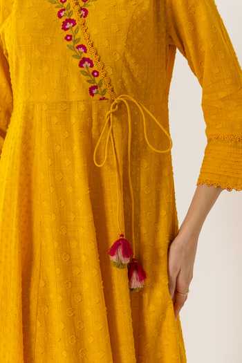 Buy_Dohr India_Orange Cotton, Silk, Viscose, Jacquard Elara Aari Embroidered Angarkha Set 