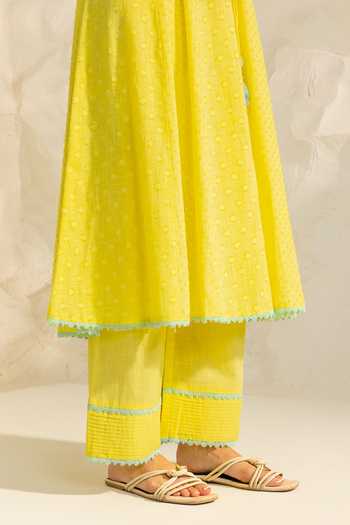 Dohr India_Yellow Cotton, Silk, Viscose, Jacquard Elara Placement Embroidered Angarkha Set _Online_at_Aza_Fashions