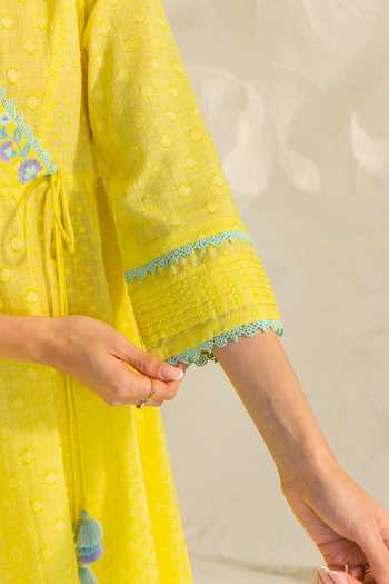 Buy_Dohr India_Yellow Cotton, Silk, Viscose, Jacquard Elara Placement Embroidered Angarkha Set _Online_at_Aza_Fashions