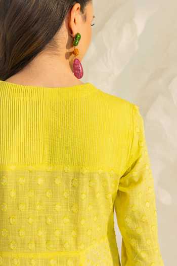 Shop_Dohr India_Yellow Cotton, Silk, Viscose, Jacquard Elara Placement Embroidered Angarkha Set _Online_at_Aza_Fashions