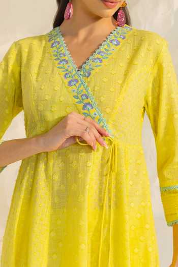 Dohr India_Yellow Cotton, Silk, Viscose, Jacquard Elara Placement Embroidered Angarkha Set _at_Aza_Fashions