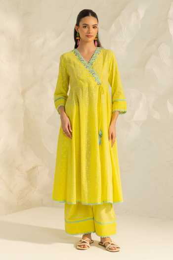 Buy_Dohr India_Yellow Cotton, Silk, Viscose, Jacquard Elara Placement Embroidered Angarkha Set 