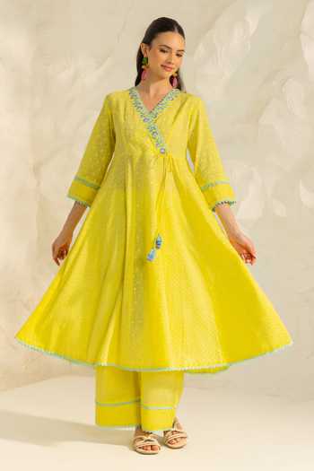 Shop_Dohr India_Yellow Cotton, Silk, Viscose, Jacquard Elara Placement Embroidered Angarkha Set 