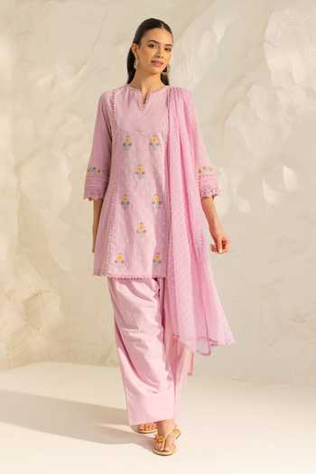 Dohr India Purple Cotton, Jacquard, Bemberg Split V-neck Laila Embroidered Kurta Pant Set Online at Aza Fashions Dohr India_Purple Cotton, Jacquard, Bemberg Split V-neck Laila Embroidered Kurta Pant Set _Online_at_Aza_Fashions