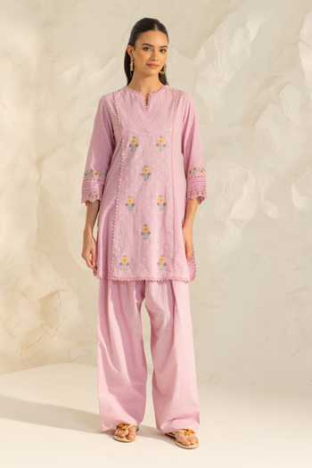 Buy Dohr India Purple Cotton, Jacquard, Bemberg Split V-neck Laila Embroidered Kurta Pant Set Online at Aza Fashions Buy_Dohr India_Purple Cotton, Jacquard, Bemberg Split V-neck Laila Embroidered Kurta Pant Set _Online_at_Aza_Fashions