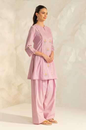 Shop Dohr India Purple Cotton, Jacquard, Bemberg Split V-neck Laila Embroidered Kurta Pant Set Online at Aza Fashions Shop_Dohr India_Purple Cotton, Jacquard, Bemberg Split V-neck Laila Embroidered Kurta Pant Set _Online_at_Aza_Fashions