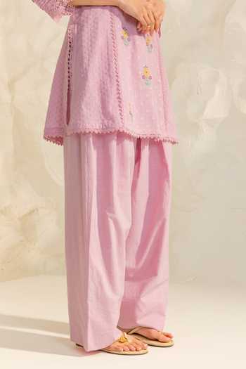 Buy Dohr India Purple Cotton, Jacquard, Bemberg Split V-neck Laila Embroidered Kurta Pant Set Buy_Dohr India_Purple Cotton, Jacquard, Bemberg Split V-neck Laila Embroidered Kurta Pant Set