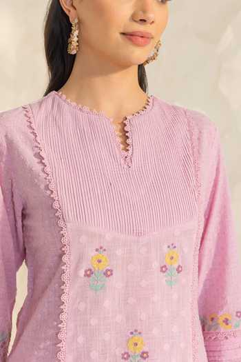 Shop Dohr India Purple Cotton, Jacquard, Bemberg Split V-neck Laila Embroidered Kurta Pant Set Shop_Dohr India_Purple Cotton, Jacquard, Bemberg Split V-neck Laila Embroidered Kurta Pant Set