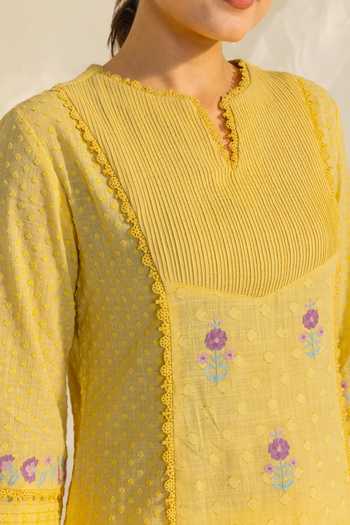 Dohr India_Yellow Cotton, Jacquard, Bemberg Laila Embroidered Kurta Set _Online_at_Aza_Fashions