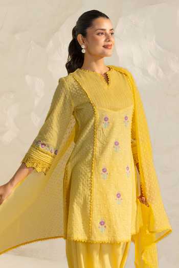 Shop_Dohr India_Yellow Cotton, Jacquard, Bemberg Laila Embroidered Kurta Set _Online_at_Aza_Fashions