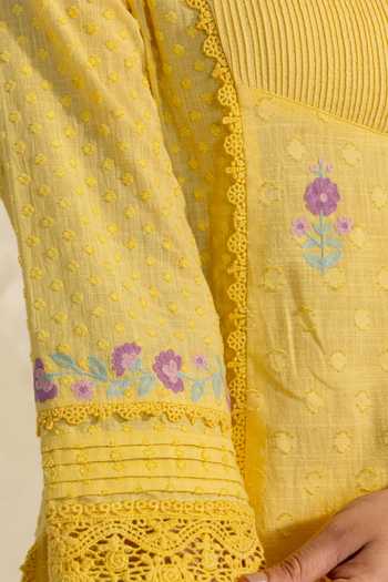 Dohr India_Yellow Cotton, Jacquard, Bemberg Laila Embroidered Kurta Set _at_Aza_Fashions