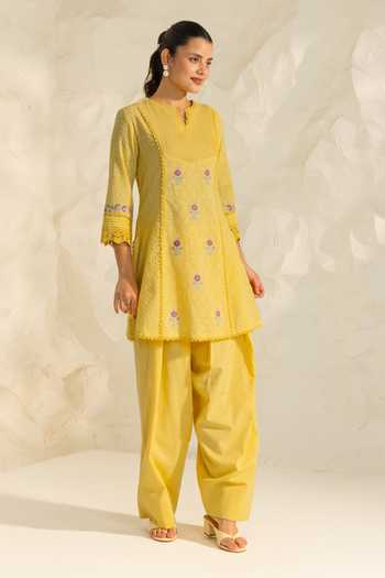Buy_Dohr India_Yellow Cotton, Jacquard, Bemberg Laila Embroidered Kurta Set 