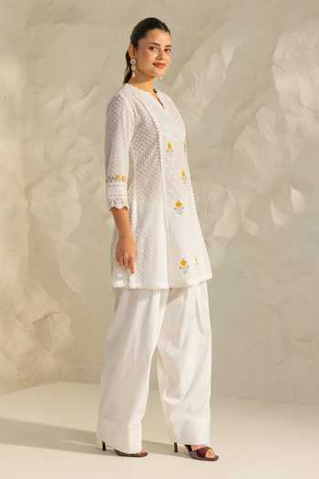 Dohr India_White Cotton, Jacquard, Bemberg Round Laila Floral Embroidered Short Kurta Set _Online_at_Aza_Fashions
