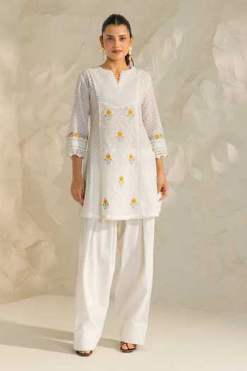 Shop_Dohr India_White Cotton, Jacquard, Bemberg Round Laila Floral Embroidered Short Kurta Set _Online_at_Aza_Fashions