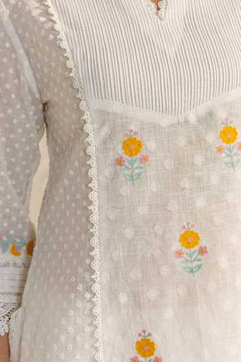 Dohr India_White Cotton, Jacquard, Bemberg Round Laila Floral Embroidered Short Kurta Set _at_Aza_Fashions
