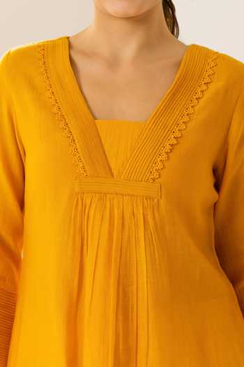 Buy_Dohr India_Orange Silk, Cotton, Viscose, Modal V-neck Samira Kurta Set _Online_at_Aza_Fashions