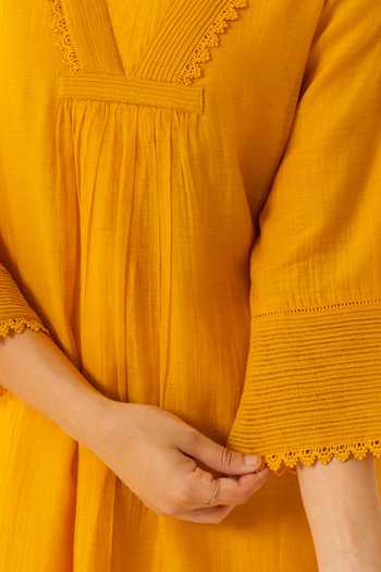 Shop_Dohr India_Orange Silk, Cotton, Viscose, Modal V-neck Samira Kurta Set _Online_at_Aza_Fashions