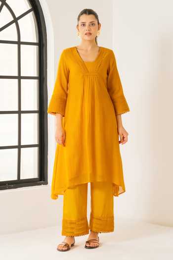 Dohr India_Orange Silk, Cotton, Viscose, Modal V-neck Samira Kurta Set _at_Aza_Fashions