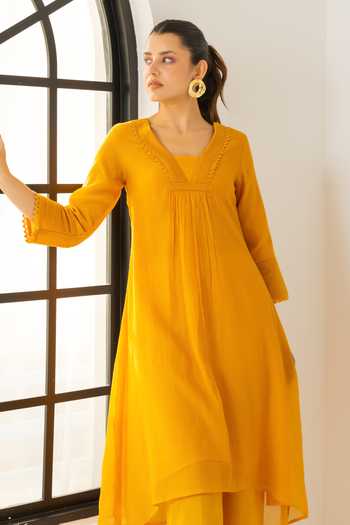 Buy_Dohr India_Orange Silk, Cotton, Viscose, Modal V-neck Samira Kurta Set 