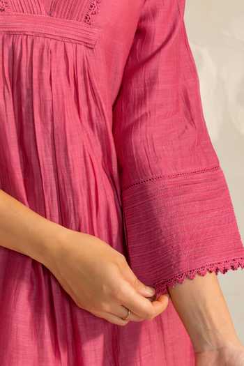 Dohr India_Pink Silk, Cotton, Viscose, Modal V-neck, Yes Samira Kurta Set _Online_at_Aza_Fashions