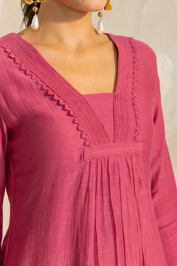 Buy_Dohr India_Pink Silk, Cotton, Viscose, Modal V-neck, Yes Samira Kurta Set _Online_at_Aza_Fashions