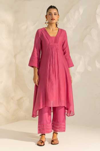 Shop_Dohr India_Pink Silk, Cotton, Viscose, Modal V-neck, Yes Samira Kurta Set _Online_at_Aza_Fashions