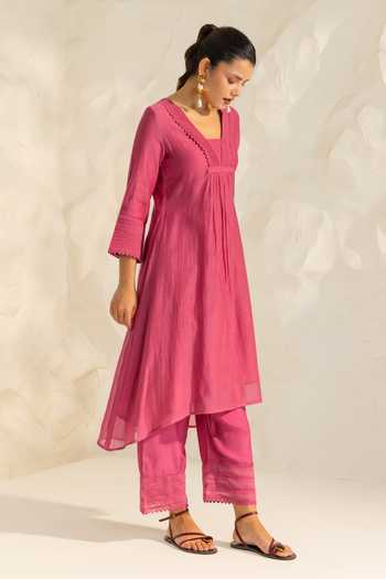 Dohr India_Pink Silk, Cotton, Viscose, Modal V-neck, Yes Samira Kurta Set _at_Aza_Fashions